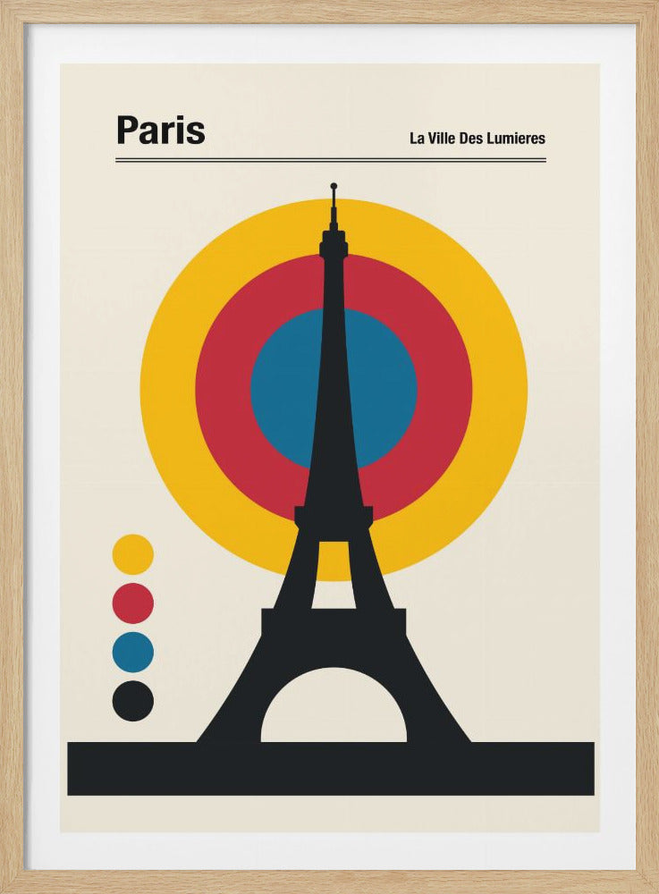 A minimalist vintage-style travel poster for Paris, featuring a black silhouette of the Eiffel Tower against a background of concentric circles in yellow, red, and blue. The poster has a cream-colored background and is titled 'Paris' and 'La Ville Des Lumieres' at the top. Print