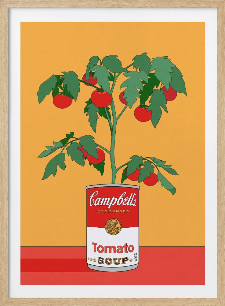 A pop art illustration of a tomato plant with green leaves and red tomatoes growing out of a Campbell's condensed tomato soup can. The can is on a red surface against a solid yellow-orange background, and the entire image has a black frame. Poster