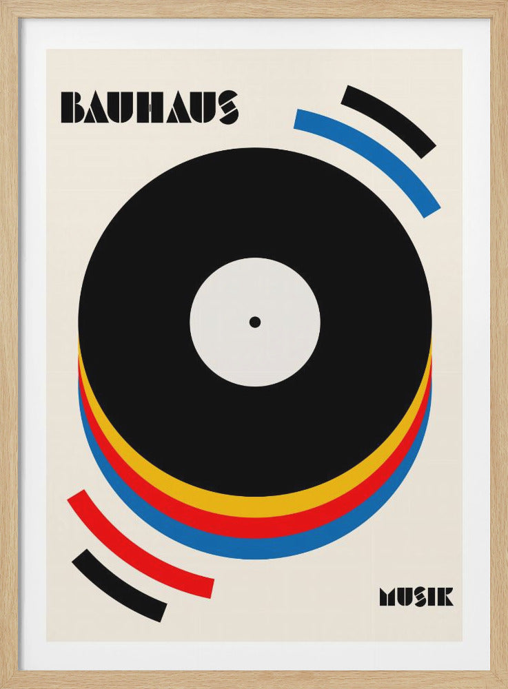 A Bauhaus-style poster featuring a large black vinyl record on a cream background. The record is surrounded by abstract, curved lines in primary colors (red, yellow, blue) and black, suggesting music or movement. The word 'BAUHAUS' is at the top and 'MUSIK' is at the bottom right, both in a stylized, geometric font. Wall Art