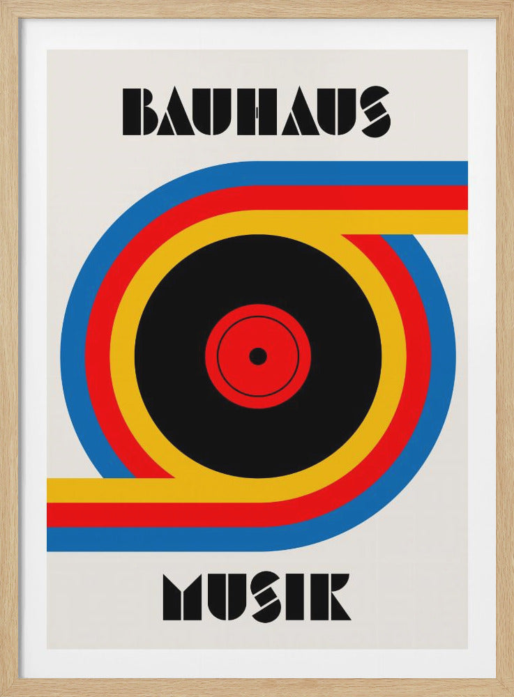 A Bauhaus style poster with the word 'BAUHAUS' at the top and 'MUSIK' at the bottom in a black geometric font. The central image is a stylized vinyl record made of bold blue, red, and yellow stripes against an off-white background, all enclosed in a thin black frame. Print
