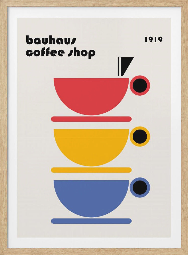 A minimalist Bauhaus-style poster titled 'bauhaus coffee shop 1919'. The artwork features a vertical stack of three stylized coffee cups in primary colors—red, yellow, and blue—on a light cream background, all rendered in simple geometric shapes. Poster
