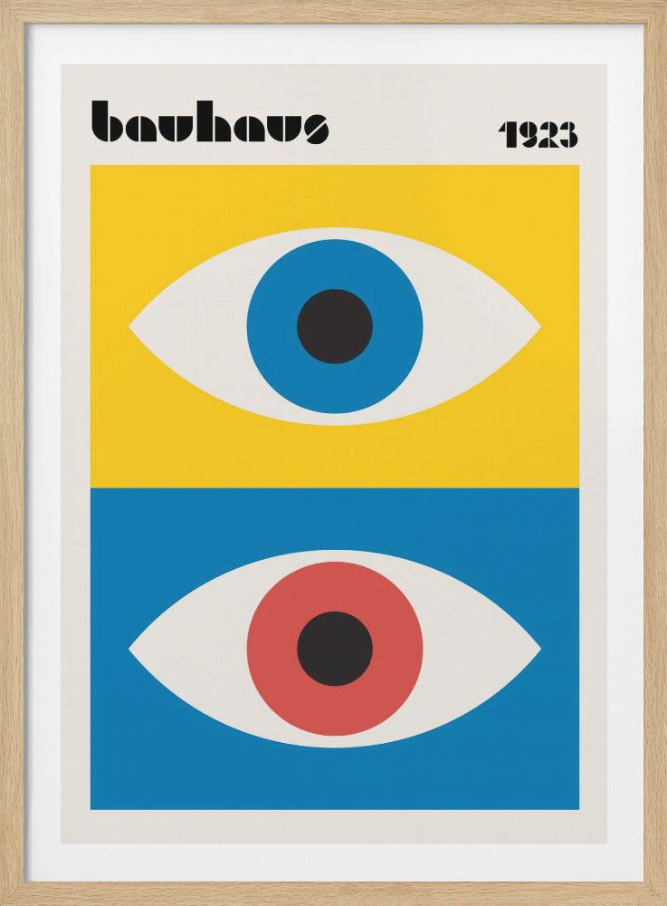 A vintage Bauhaus exhibition poster from 1923 featuring a minimalist, geometric design. Two large, stylized eyes are stacked vertically. The top eye has a blue iris on a yellow background, and the bottom eye has a red iris on a blue background. The word 'bauhaus' is printed in the top left corner. Print
