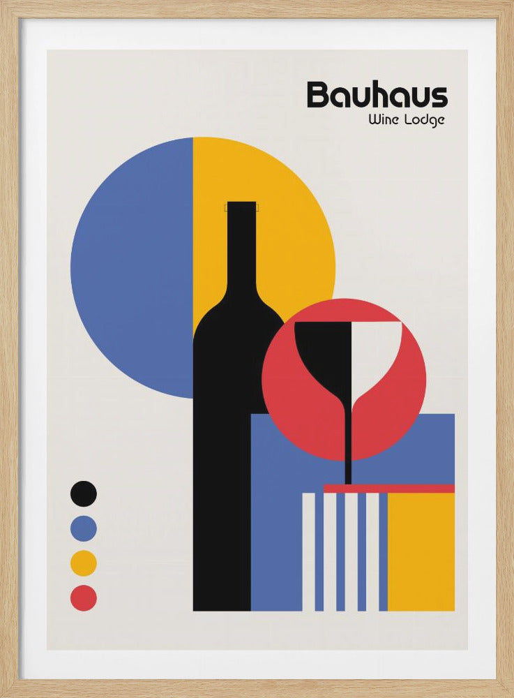 A Bauhaus-style poster titled 'Bauhaus Wine Lodge' featuring a minimalist, geometric composition. A black silhouette of a wine bottle is layered over large blue and yellow circles, with an abstract red and black wine glass in a red circle to the right. The background is off-white with a color key of black, blue, yellow, and red dots in the lower-left corner. Artwork