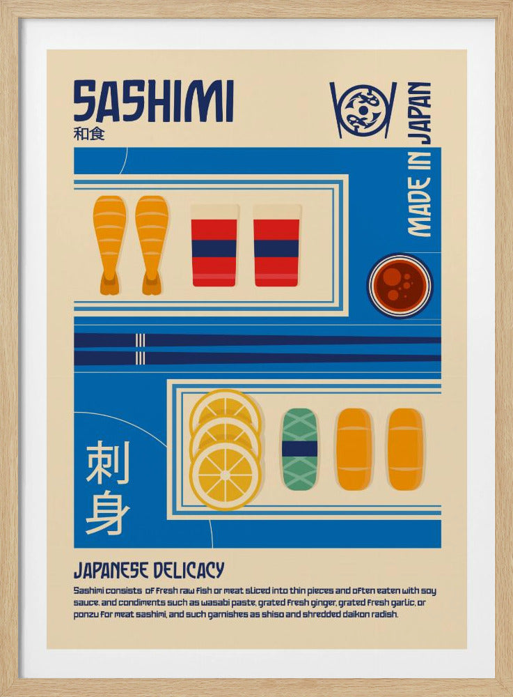 A vintage-style illustrated poster about Sashimi. The poster has a cream background with blue graphic blocks and text. It features illustrations of shrimp, fish slices, lemon, and soy sauce, along with the words 'SASHIMI', 'JAPANESE DELICACY', and 'MADE IN JAPAN'. Decor