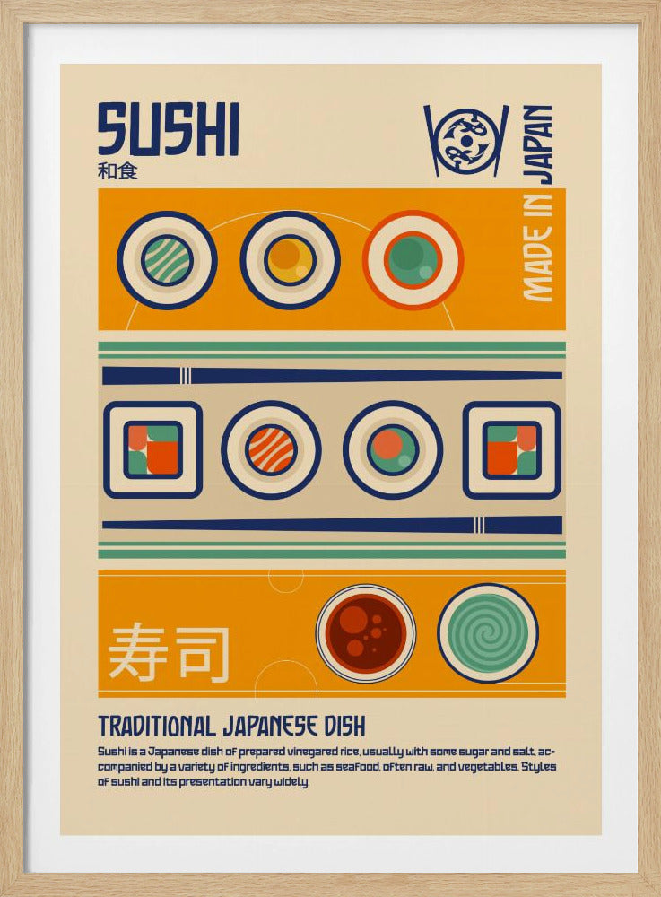 A vintage-style educational art poster about sushi, featuring minimalist, graphic illustrations of various sushi rolls and bowls. The poster has a retro color scheme of orange, cream, and dark blue, with English and Japanese text, and is displayed in a simple black frame. Wall Art