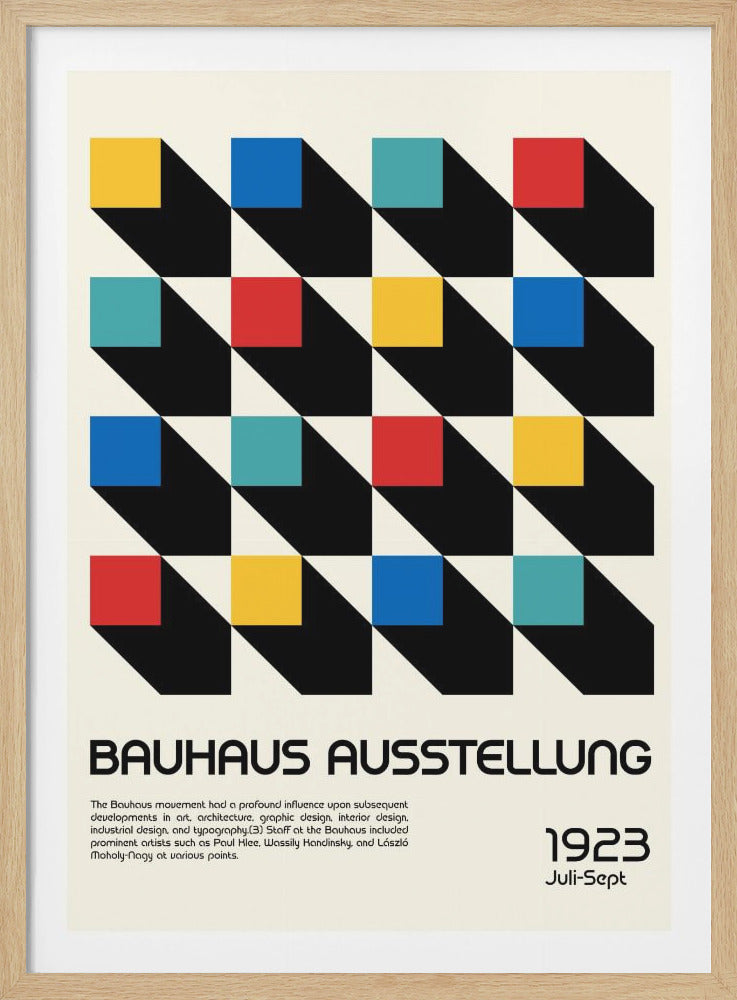 A vintage Bauhaus exhibition poster from 1923, featuring a geometric grid of colorful squares in red, yellow, blue, and teal that cast long black shadows, creating a 3D effect on a cream background. The title 'BAUHAUS AUSSTELLUNG' is below the graphic. Artwork