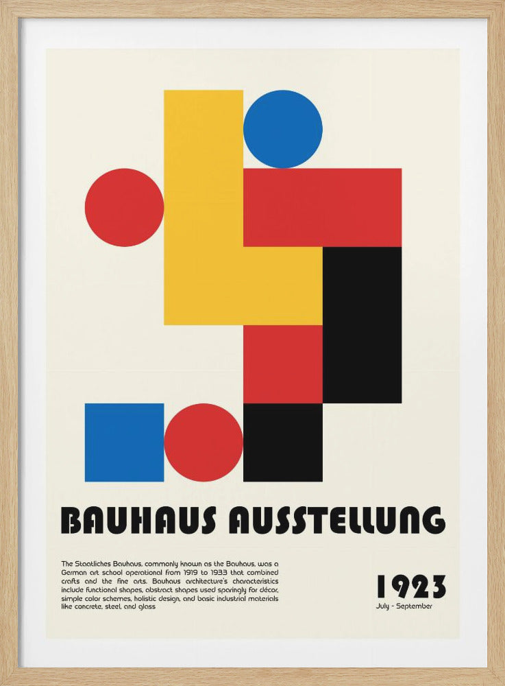 A framed vintage poster for the 1923 Bauhaus exhibition, featuring an abstract composition of geometric shapes. Red, blue, and yellow circles, squares, and rectangles are arranged on a cream background with black accents. The text 'BAUHAUS AUSSTELLUNG 1923' is at the bottom. Wall Art