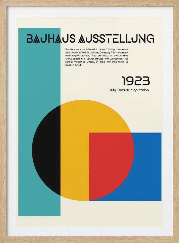 A framed vintage poster for the 1923 Bauhaus Ausstellung (exhibition). The design features bold black typography, a large teal vertical bar on the left, and an abstract composition of overlapping geometric shapes in yellow, black, red, and blue on a cream background. Poster