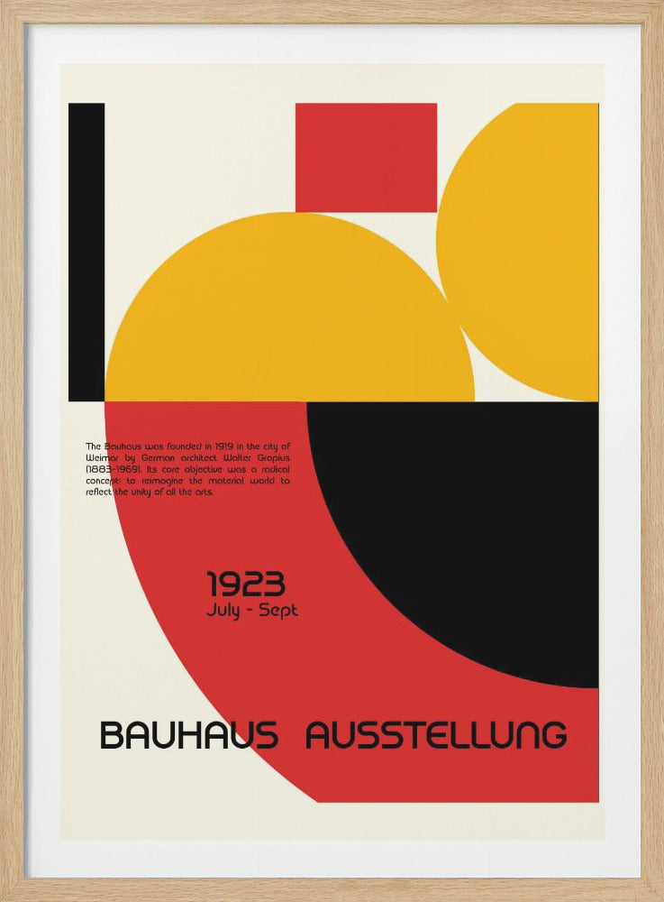 A vintage-style poster for the 1923 Bauhaus Ausstellung (exhibition) featuring abstract geometric shapes. Overlapping yellow circles, a red rectangle, and black bars are arranged on a cream background. The title is in a bold, black, sans-serif font at the bottom. Decor