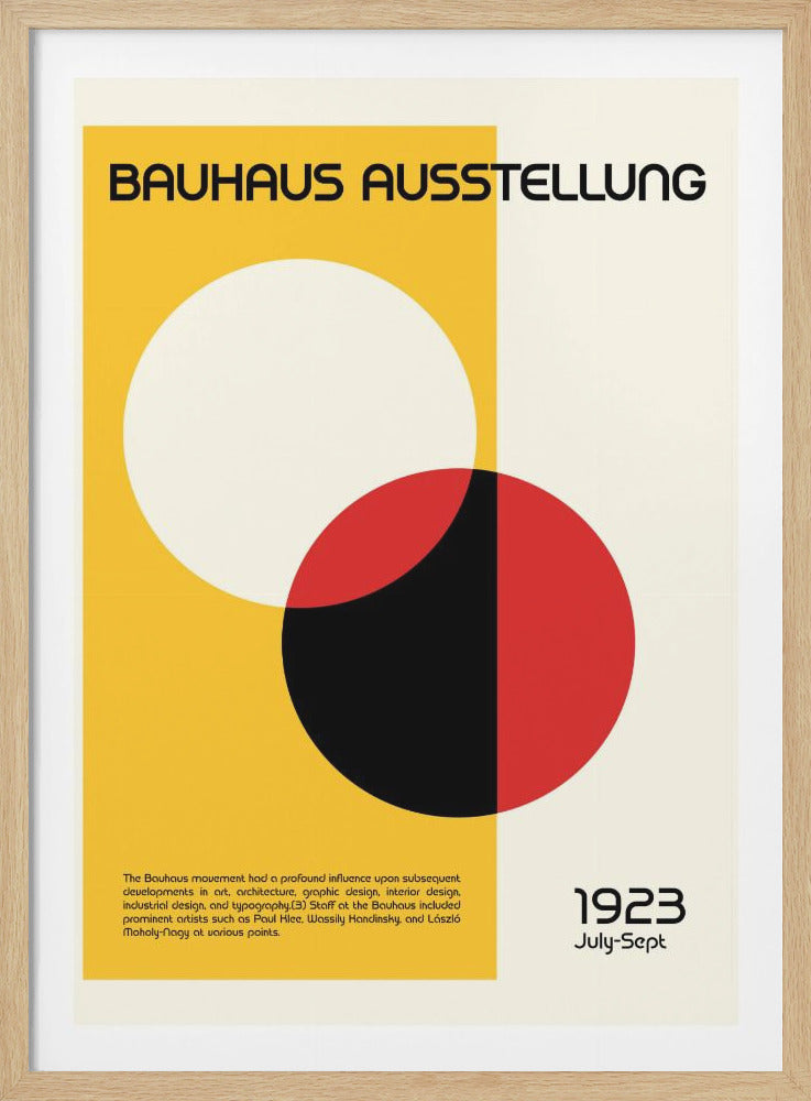 A vintage Bauhaus exhibition poster from 1923, titled 'BAUHAUS AUSSTELLUNG'. The artwork features bold geometric shapes, including a yellow rectangle and overlapping circles in white, red, and black, on a cream background. The date '1923 July-Sept' is prominent. Decor