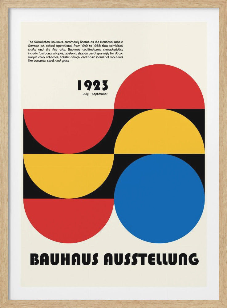 A vintage Bauhaus exhibition poster from 1923, featuring an abstract geometric design with large circles and semi-circles in primary colors of red, yellow, and blue against a black and off-white background. The text 'BAUHAUS AUSSTELLUNG' is at the bottom in a bold, sans-serif font. Wall Art