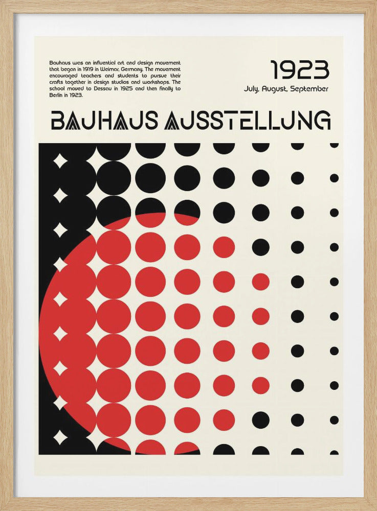 A vintage Bauhaus exhibition poster from 1923. The design on a cream background features the title 'BAUHAUS AUSSTELLUNG' in a stylized black font above a grid of circles that transition from large red dots on the left to small black dots on the right, creating a sense of movement and graphic simplicity. Poster