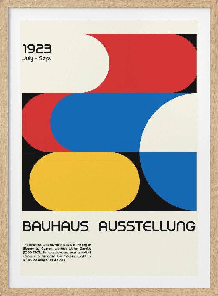 A vintage Bauhaus exhibition poster from 1923, featuring abstract geometric shapes in primary colors (red, blue, yellow) against a black background. Below the graphic, the words 'BAUHAUS AUSSTELLUNG' are written in a distinctive sans-serif font on a cream-colored background. Poster