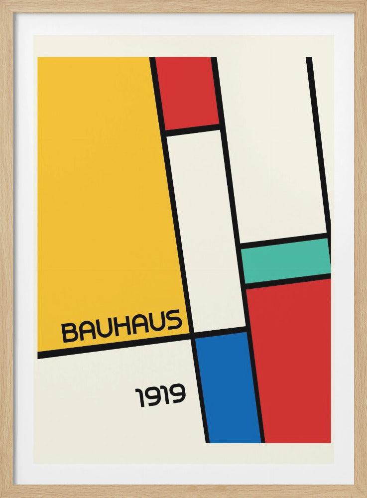 A framed Bauhaus style poster featuring a geometric abstract composition. It uses blocks of primary colors—yellow, red, and blue—along with teal and white, all separated by thick black lines. The word 'BAUHAUS' and the year '1919' are printed in black. Poster