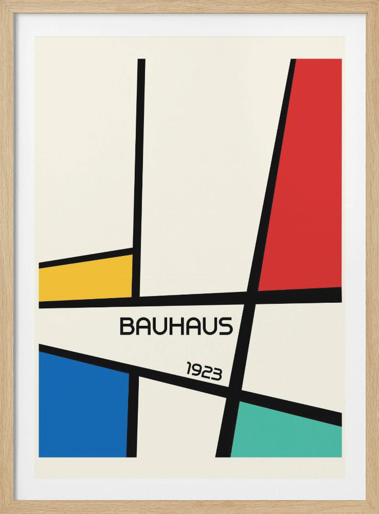 A framed Bauhaus-style art print from 1923, featuring an abstract geometric composition of thick black lines on an off-white background, with blocks of primary colors—red, yellow, and blue—and turquoise. Wall Art