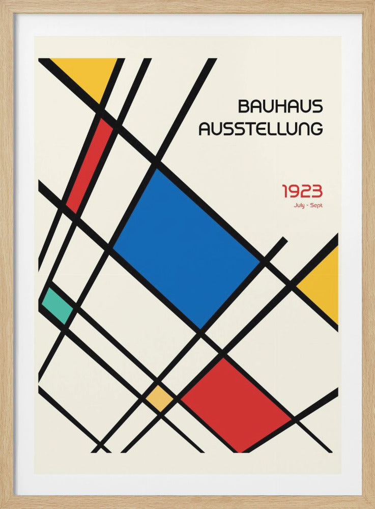 A vintage Bauhaus exhibition poster from 1923 featuring an abstract geometric design. Bold black diagonal lines create a grid on a cream background, with shapes filled in with primary colors: a large blue rectangle, a red rectangle, and yellow triangles. Decor