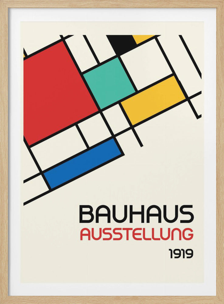 A vintage Bauhaus exhibition poster from 1919, featuring an abstract geometric design with black lines and blocks of red, yellow, blue, and teal on a cream background. The title 'BAUHAUS AUSSTELLUNG 1919' is printed below the artwork. Poster