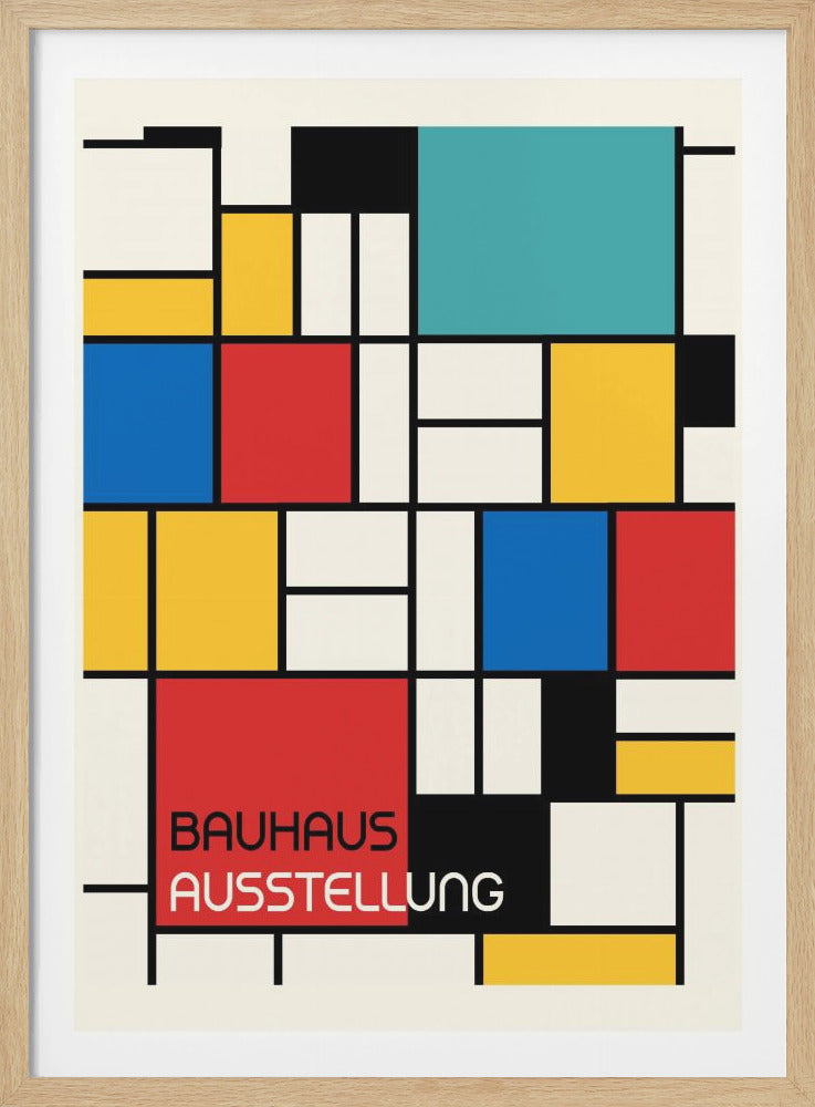 A framed abstract art poster in the Bauhaus style, featuring a grid of black lines with color blocks in red, yellow, blue, teal, and black on an off-white background. The text 'BAUHAUS AUSSTELLUNG' is in the lower-left corner. Artwork