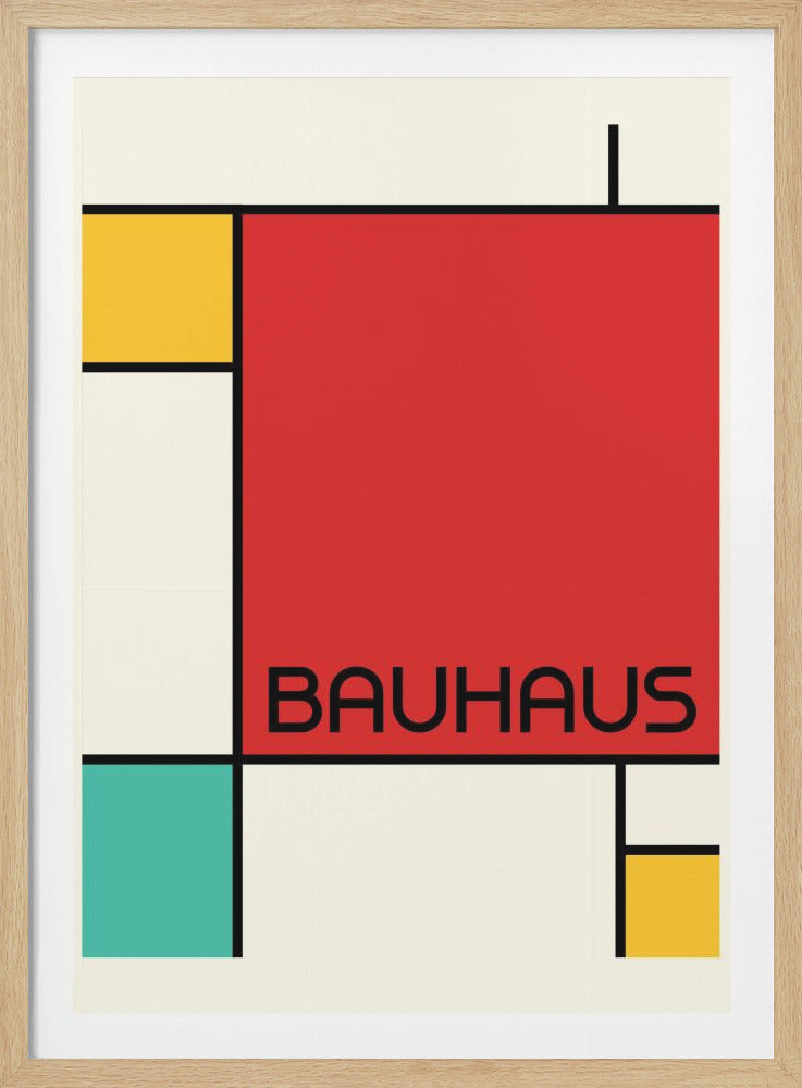 A framed Bauhaus-style art print featuring a geometric arrangement of colored rectangles on a cream background. A large red rectangle dominates the center with the word 'BAUHAUS' in black sans-serif font. Smaller yellow and teal squares are placed around it, all outlined with black lines. Print