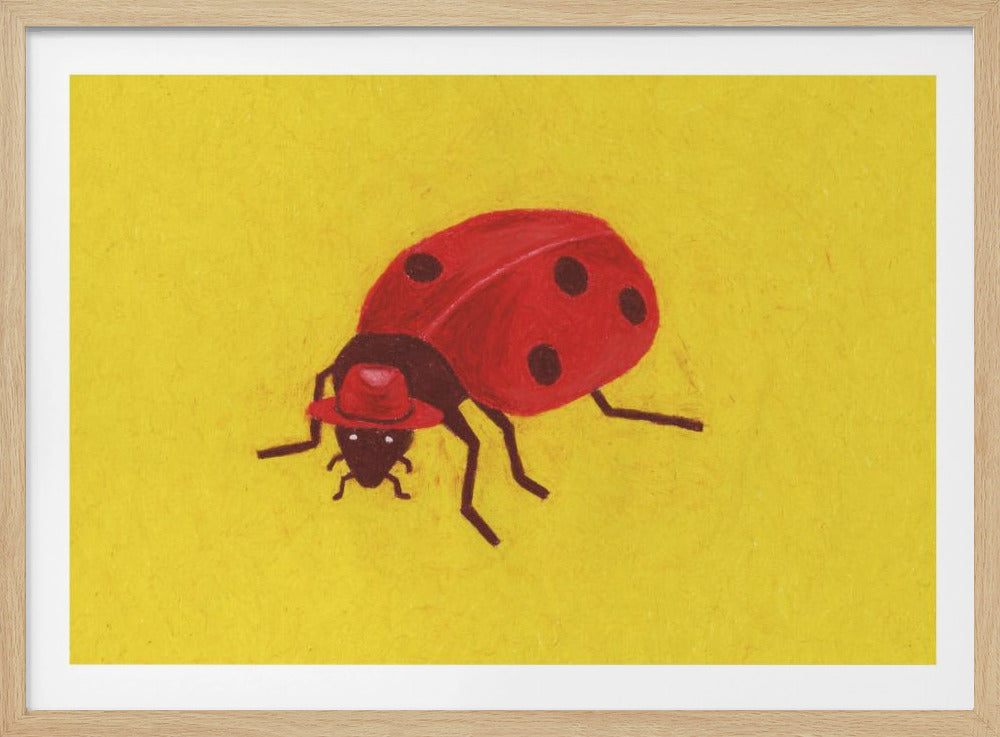 A whimsical painting of a red ladybug with black spots wearing a tiny red fedora hat, set against a bright yellow background and framed in silver. Print