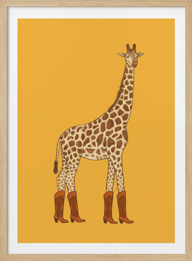 A whimsical illustration of a full-length giraffe standing against a solid mustard yellow background. In a humorous twist, all four of the giraffe's legs are fitted with brown cowboy boots. Poster