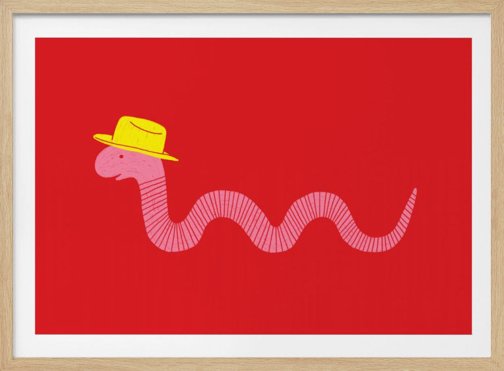 A whimsical illustration of a pink worm wearing a yellow fedora hat, set against a vibrant red background. The worm is long and wavy, with simple line details indicating segments. The image is presented within a silver frame. Print