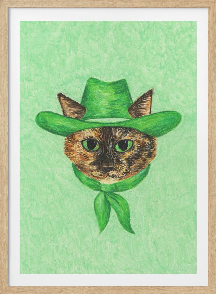A portrait painting of a tortoiseshell cat wearing a bright green cowboy hat and a matching green bandana. The cat has striking green eyes and looks directly at the viewer against a textured, light green background. The artwork is presented in a black frame. Wall Art