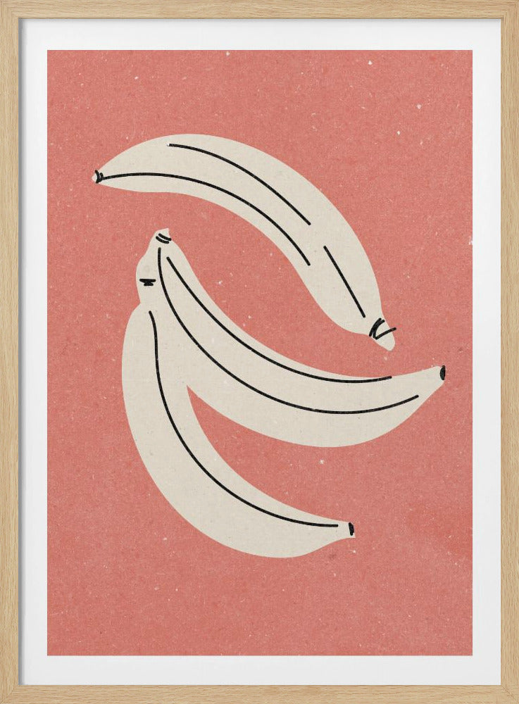 A minimalist illustration of three off-white bananas with black line details, arranged against a textured dusty rose background, all within a thin black frame. Print