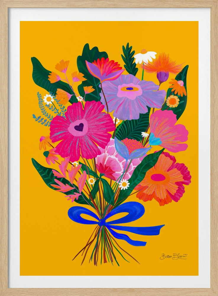 A vibrant, folk-art style illustration of a colorful bouquet of flowers against a solid yellow background. The flowers are in bright shades of pink, purple, and orange, tied together with a bold blue ribbon. The artwork is presented within a thin black frame. Wall Art