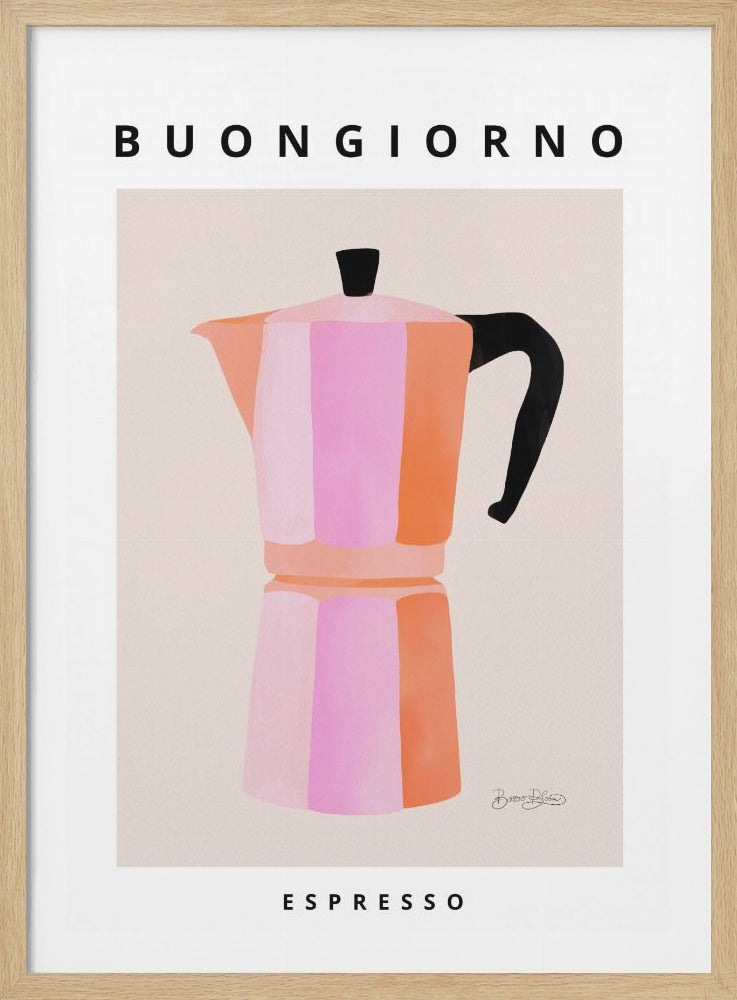 A modern art print featuring a stylized Italian moka pot. The coffee pot is illustrated with vertical stripes of pink and orange against a cream background. The word 'BUONGIORNO' is printed at the top and 'ESPRESSO' at the bottom in bold, black letters. The print is displayed in a black frame with a white mat. Decor