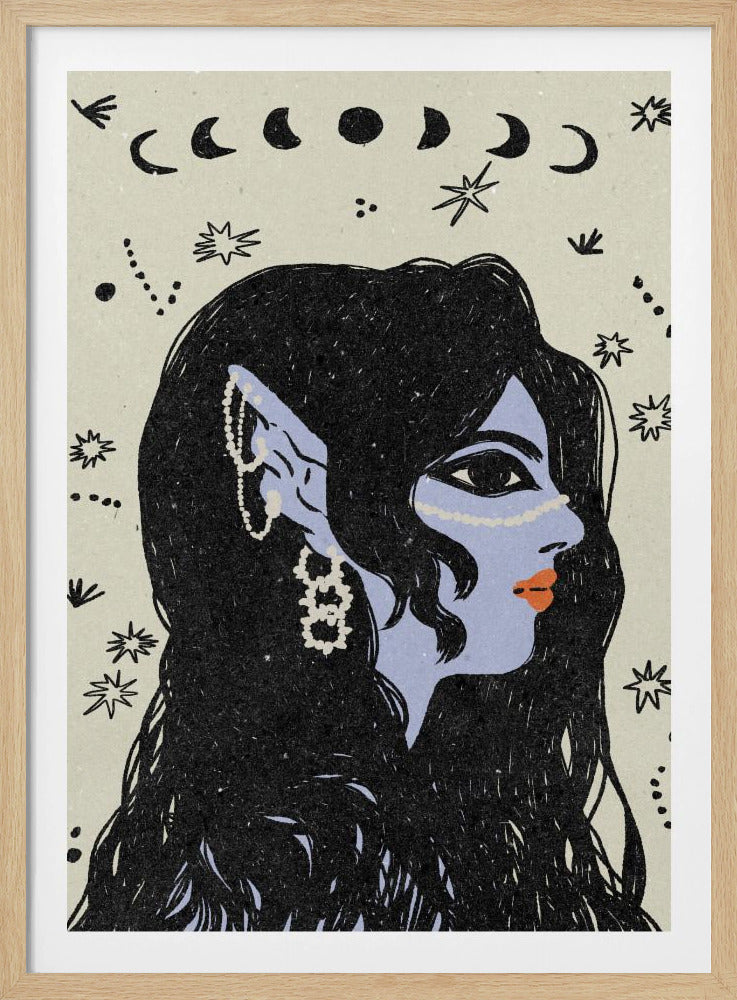 A stylized illustration of a woman in profile with light blue skin, long black hair, and pointed elven ears decorated with white jewelry. Her lips are orange, and she looks to the right. The background is a light cream color with black drawings of stars, constellations, and the phases of the moon above her head. Wall Art