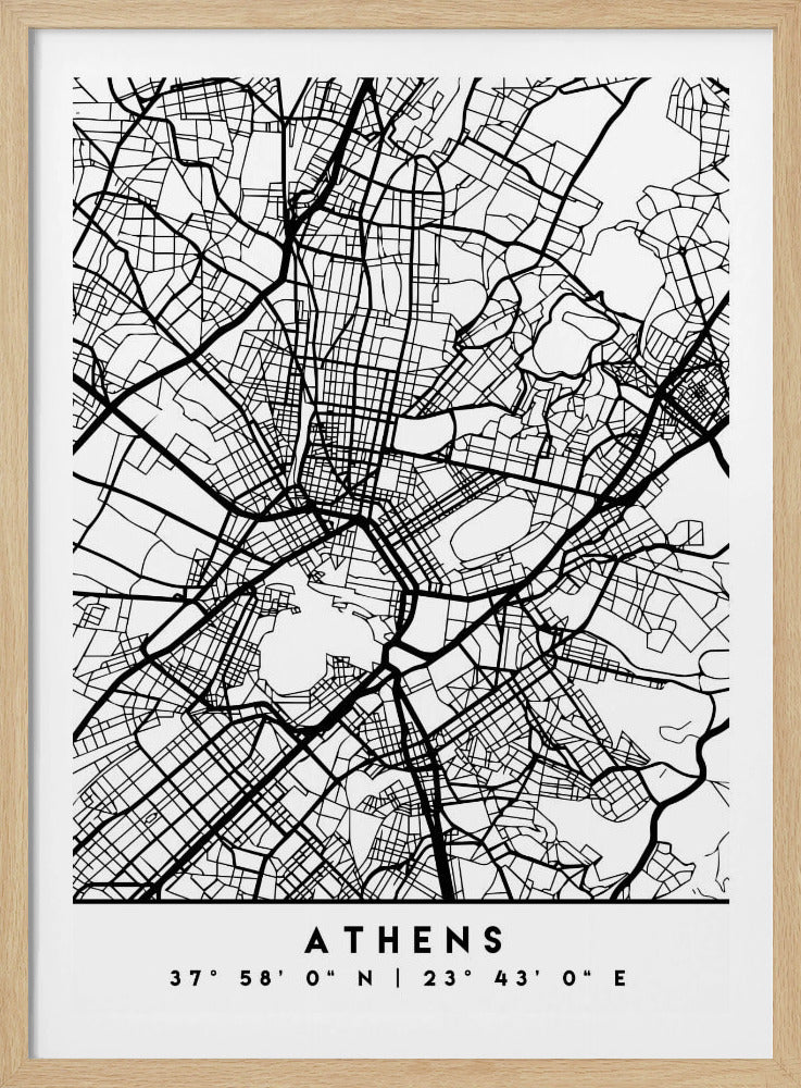 A minimalist black and white poster of a street map of Athens, Greece, enclosed in a simple black frame. The map consists of intricate black lines on a white background, showing the city's road network. At the bottom, centered, is the text 'ATHENS' in a bold, uppercase font, with its geographical coordinates '37° 58' 0" N | 23° 43' 0" E' listed below. Poster