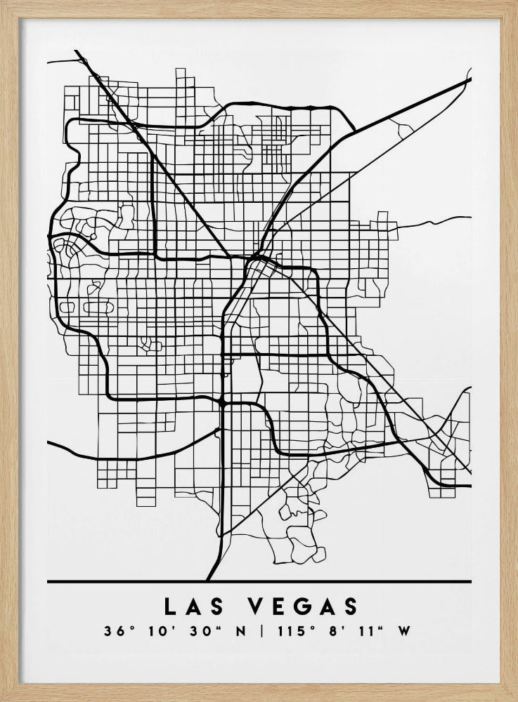 A minimalist black and white framed map of Las Vegas, showcasing the city's street grid and major highways. Below the map, the city's name and geographical coordinates are printed in a clean, modern font. Poster