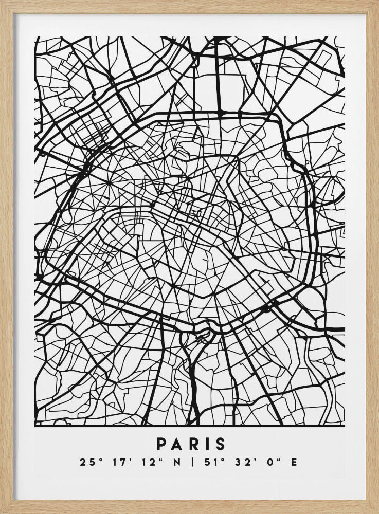 A minimalist black and white art print of a street map of Paris, presented in a thin black frame. The map showcases the intricate network of streets and waterways. Below the map, the word 'PARIS' is centered in a clean, modern font, with geographical coordinates listed underneath. Decor