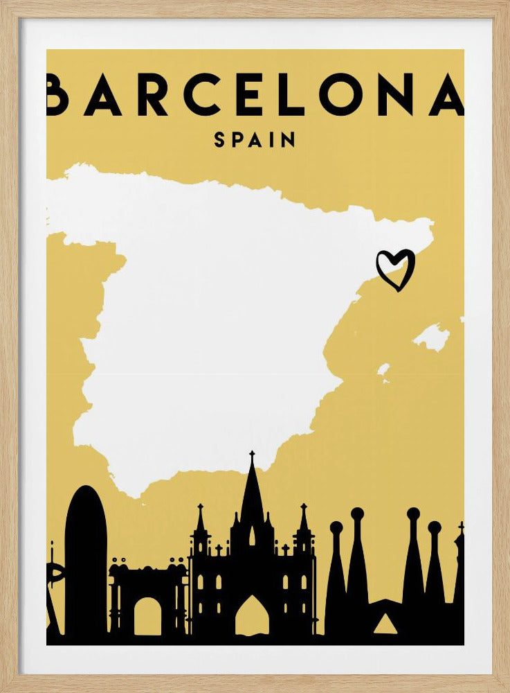 A vintage-style travel poster for Barcelona, Spain. The poster has a mustard yellow background, a white silhouette of the map of Spain with a heart marking Barcelona's location, and a black silhouette of the city's skyline at the bottom. The text 'BARCELONA' and 'SPAIN' is at the top in black font. Wall Art
