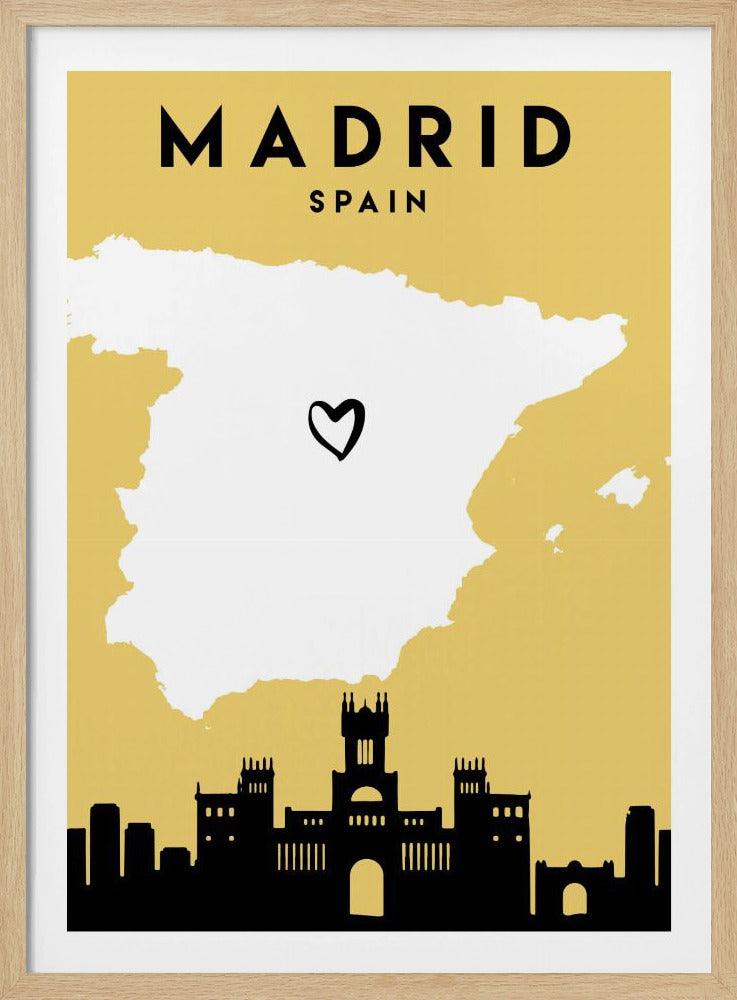 A modern travel poster for Madrid, Spain, with a mustard yellow background. It features a white map of Spain with a black heart over Madrid, and a black silhouette of the city's skyline at the bottom. Print