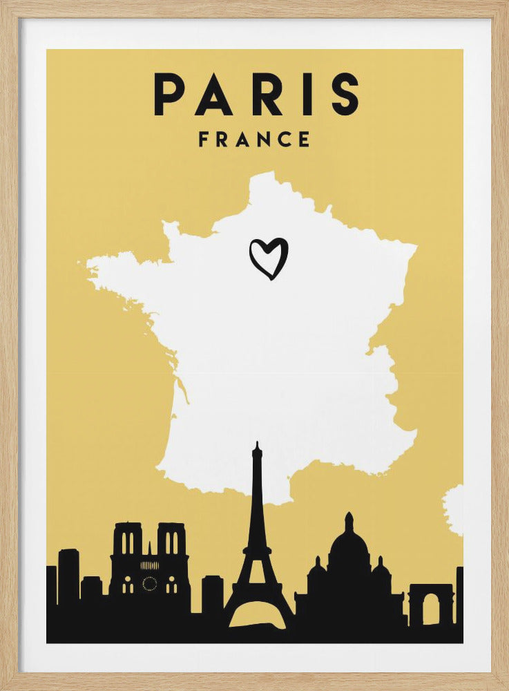 A modern travel poster for Paris, France, with a yellow background and a black frame. It features a white silhouette of the map of France with a black heart marking Paris, and below it, a black silhouette of the Paris skyline including the Eiffel Tower and Notre Dame. Wall Art