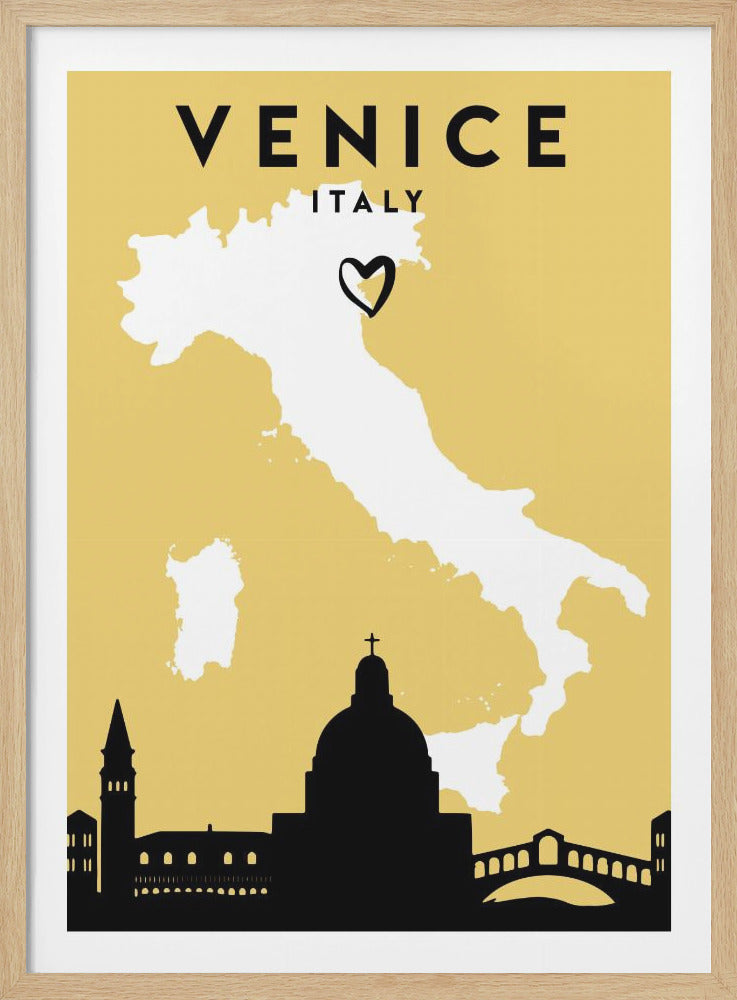 A minimalist travel poster for Venice, Italy. The poster has a yellow background, black text reading 'VENICE ITALY' at the top, a white silhouette map of Italy with a black heart marking Venice's location, and a black silhouette of the Venetian skyline along the bottom. Decor