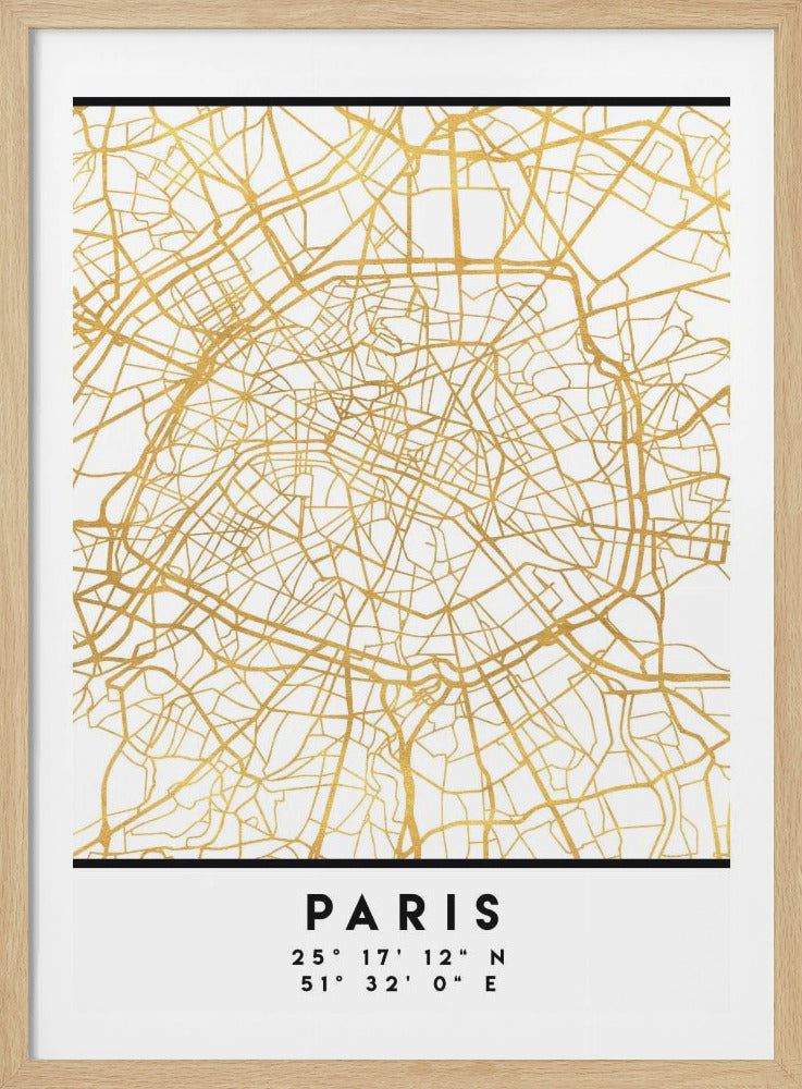 A minimalist art print of a Paris city map featuring intricate streets in gold foil on a white background. The word 'PARIS' and its coordinates are printed below in black text. The print is housed in a simple black frame. Print