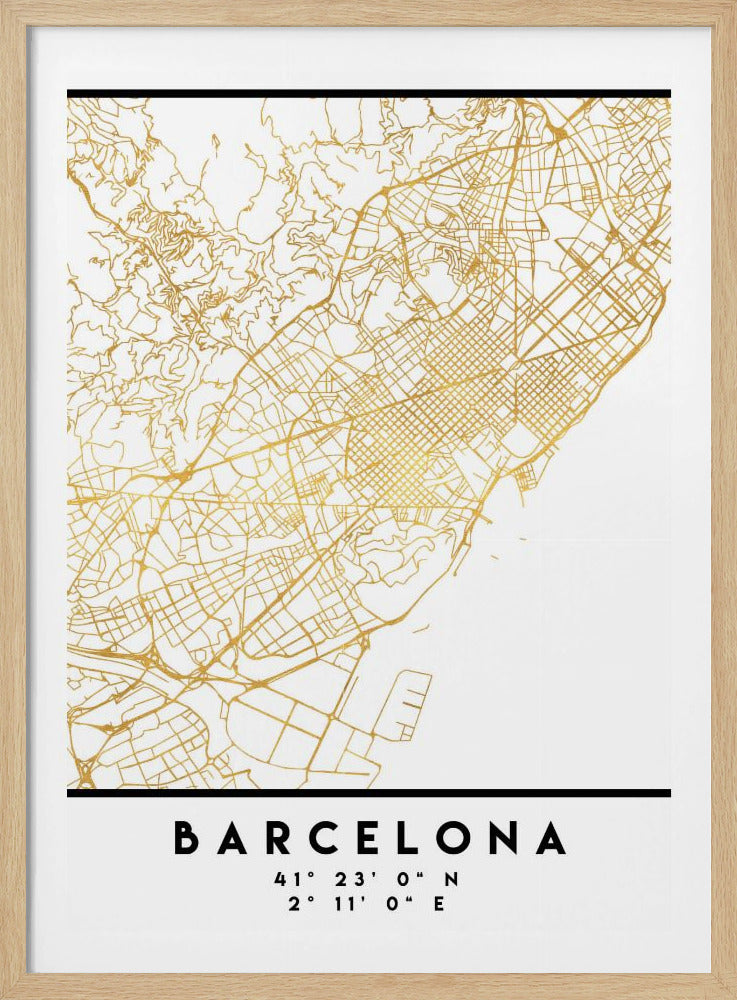 A modern, minimalist framed poster featuring a gold line map of Barcelona, Spain, on a clean white background. Below the map, the city's name 'BARCELONA' is printed in bold black text, with its geographic coordinates listed underneath. Decor