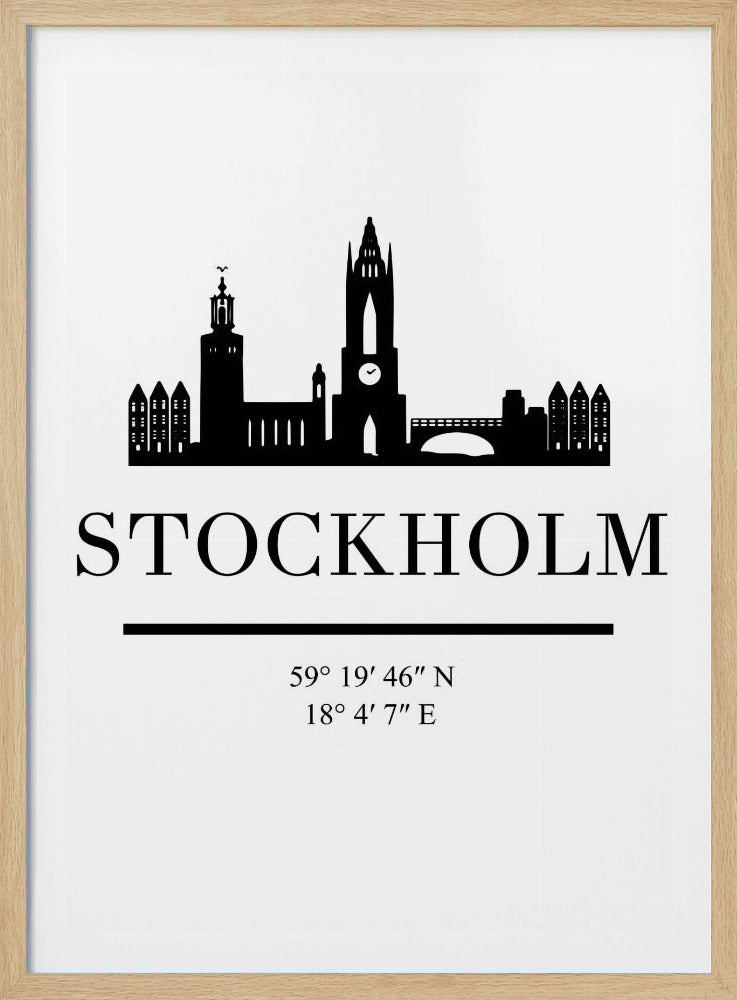 A minimalist black and white framed poster featuring a silhouette of the Stockholm skyline. Below the skyline, the word 'STOCKHOLM' is printed in large, bold letters, followed by its geographical coordinates. Wall Art