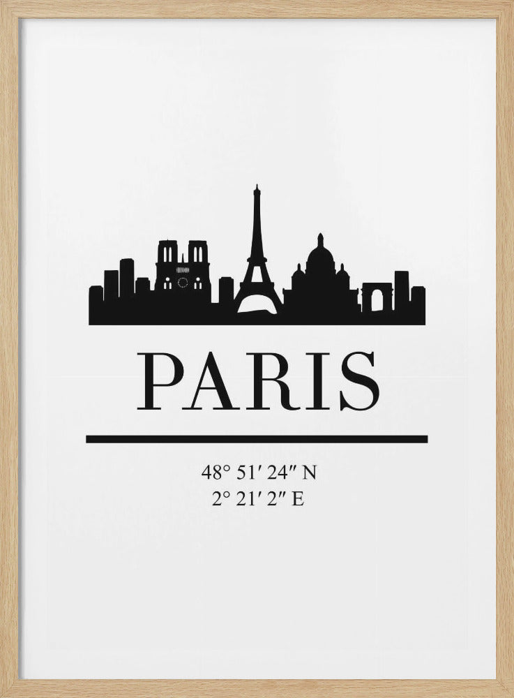A minimalist black and white poster in a black frame. It features a black silhouette of the Paris skyline, including the Eiffel Tower and Notre Dame. Below the city is the word 'PARIS' in a large serif font, followed by its geographical coordinates. Poster