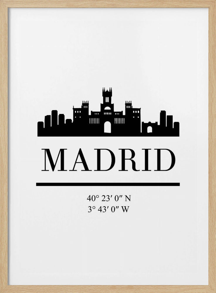 A minimalist black and white framed art print featuring the silhouette of the Madrid skyline. The word 'MADRID' is printed in large letters below the skyline, followed by the city's geographical coordinates. Poster