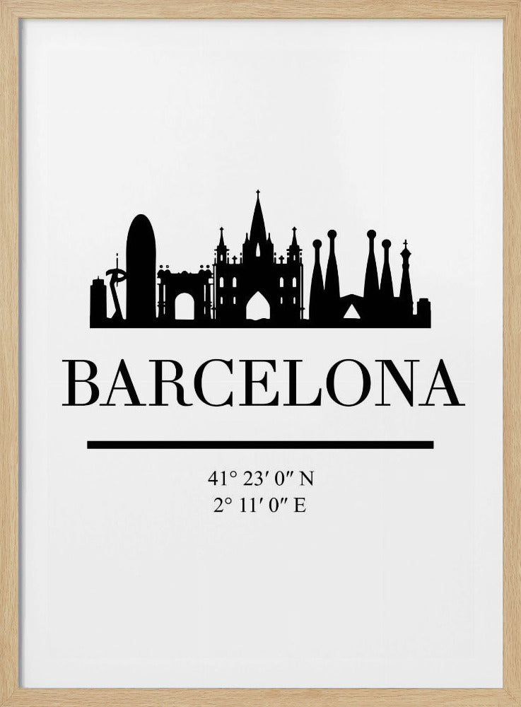 A minimalist black and white poster of Barcelona, Spain. It features a black silhouette of the city's skyline, including the Sagrada Familia, above the word 'BARCELONA' in a large serif font. Below the city name are its geographical coordinates, all set against a clean white background and framed in black. Print