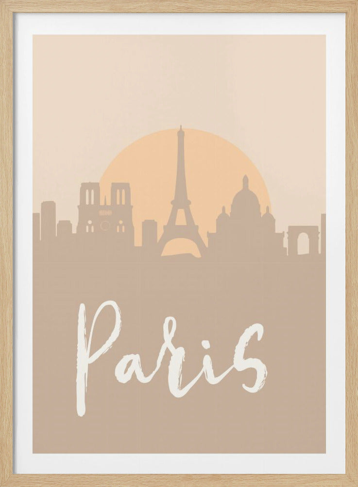 A minimalist art print of the Paris skyline in muted tan and beige tones. Silhouettes of the Eiffel Tower and other landmarks stand before a large, pale orange sun. The word 'Paris' is written in a white, flowing script in the foreground. Artwork