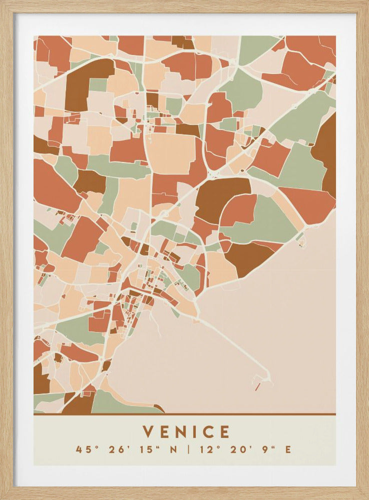 A modern, minimalist map of Venice, Italy, in a black frame. The map features an abstract pattern of color blocks in terracotta, brown, and sage green on a light cream background, with white lines for roads and canals. Below the map, 'VENICE' and its geographical coordinates are printed. Print