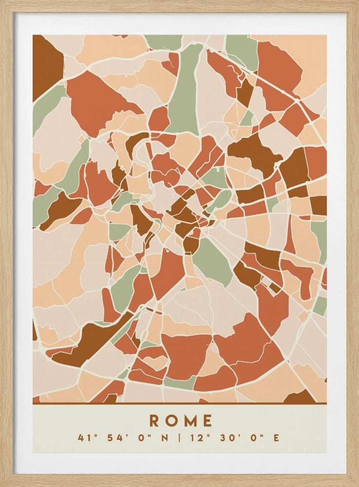 A framed, stylized map of Rome featuring an abstract mosaic of city blocks in earthy tones of terracotta, brown, sage green, and beige. At the bottom, centered, is the text 'ROME' and its coordinates '41° 54' 0" N | 12° 30' 0" E'. Decor