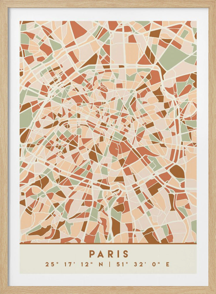 A modern art print of a stylized Paris city map, featuring an abstract mosaic of city blocks in terracotta, sage green, and beige, outlined by white streets. The print is in a black frame with 'PARIS' and its coordinates at the bottom. Wall Art