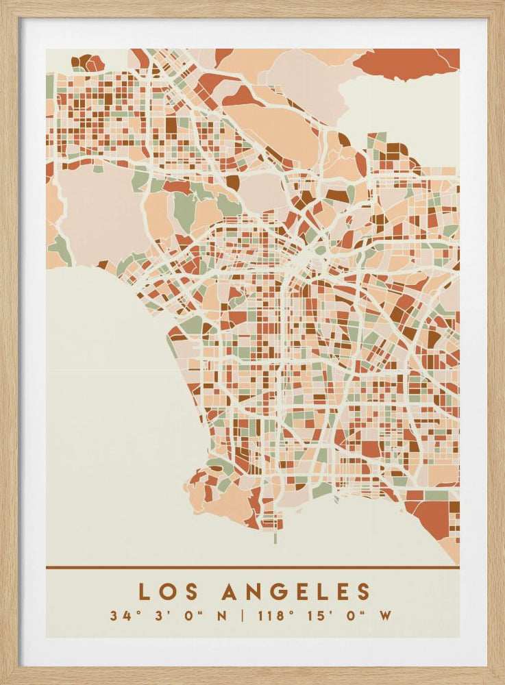 A stylized, block-pattern map of Los Angeles in a warm, earthy color palette of terracotta, brown, and sage green on a cream background. The poster is framed in black and includes the text 'LOS ANGELES' with its geographic coordinates at the bottom. Print