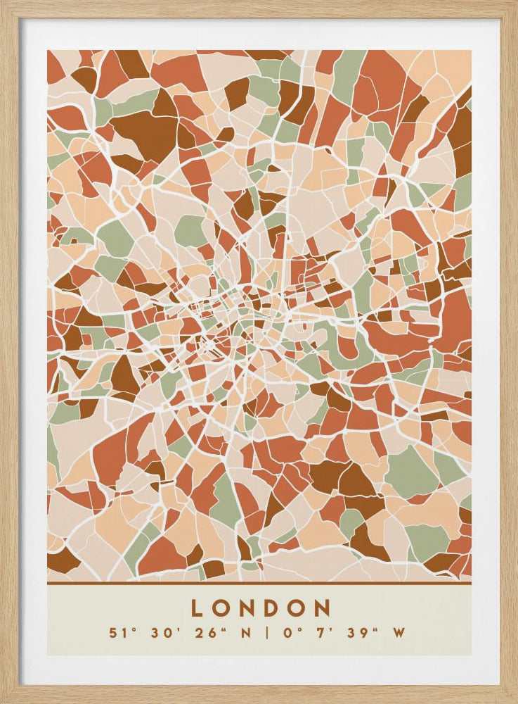 An abstract, framed map of London created with a mosaic of colored shapes in an earth-toned palette of brown, terracotta, sage green, and beige. White lines representing streets separate the shapes, converging towards the city center. Below the map, the word 'LONDON' and its geographic coordinates are displayed on a cream-colored border. Wall Art